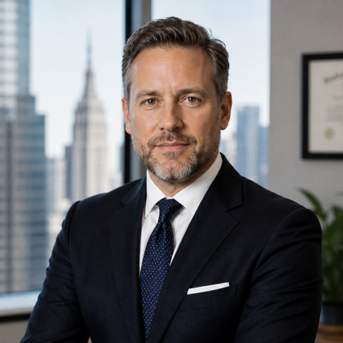 Professional man in suit smiling confidently in a modern office setting.