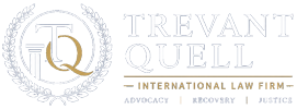 Logo for Trevant Quell International Law Firm Business Law Firm with scales of justice and laurel wreath.