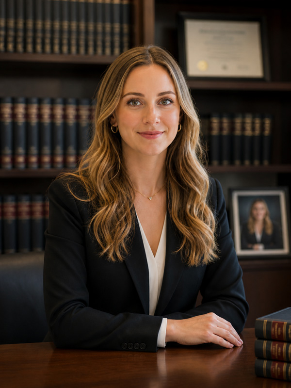 Professional woman in business attire with a blue tie in an office setting.